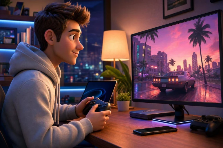 Jeune homme jouant à un jeu vidéo de course